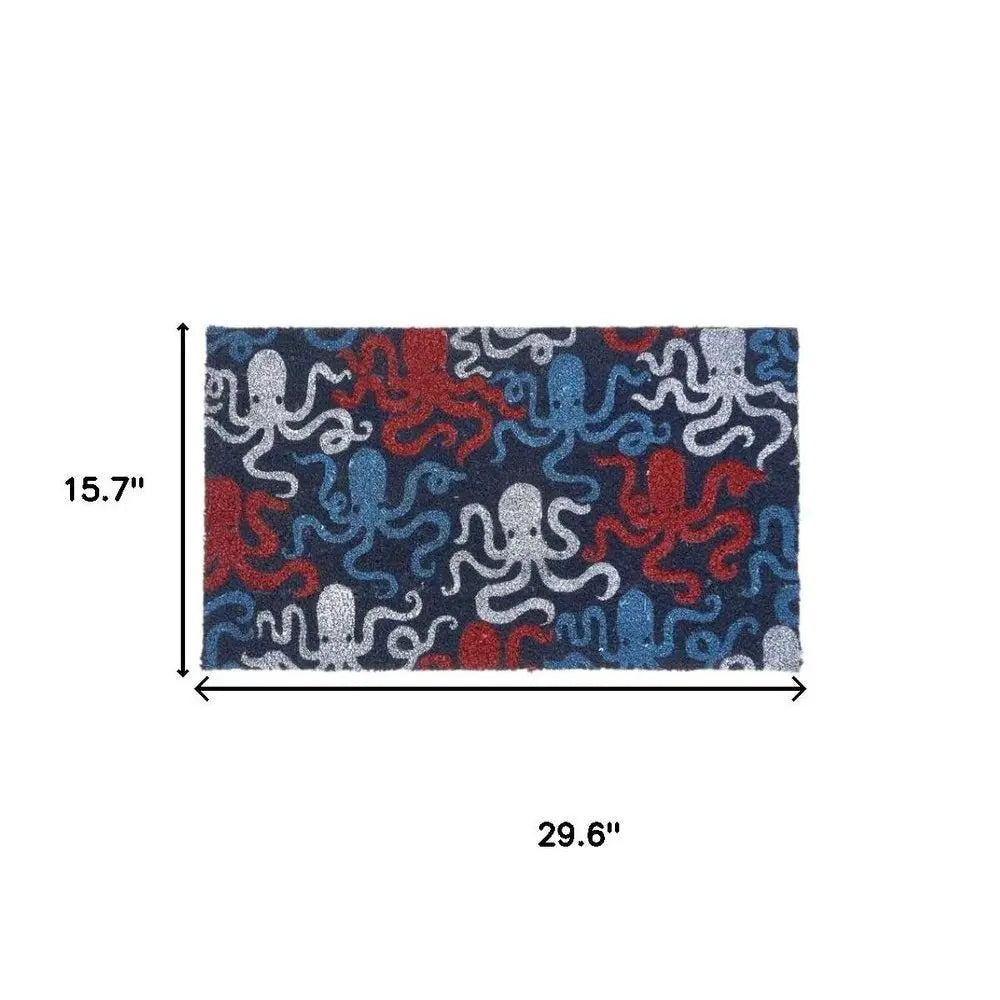 16" X 30" Blue Red And White Octopus Indoor Coir Door Mat - NOVA HOME FURNITURE