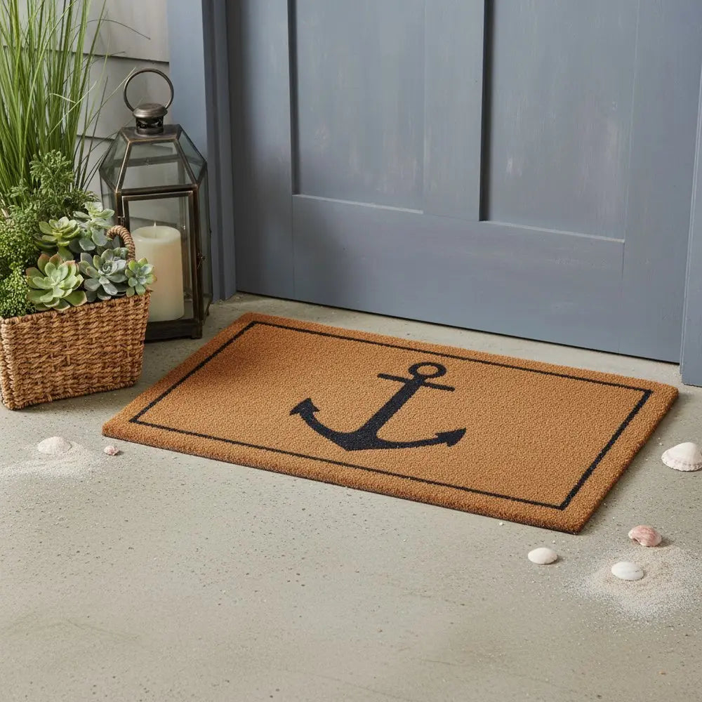 16" X 30" Light Brown And Navy Blue Anchor Indoor Coir Door Mat - NOVA HOME FURNITURE