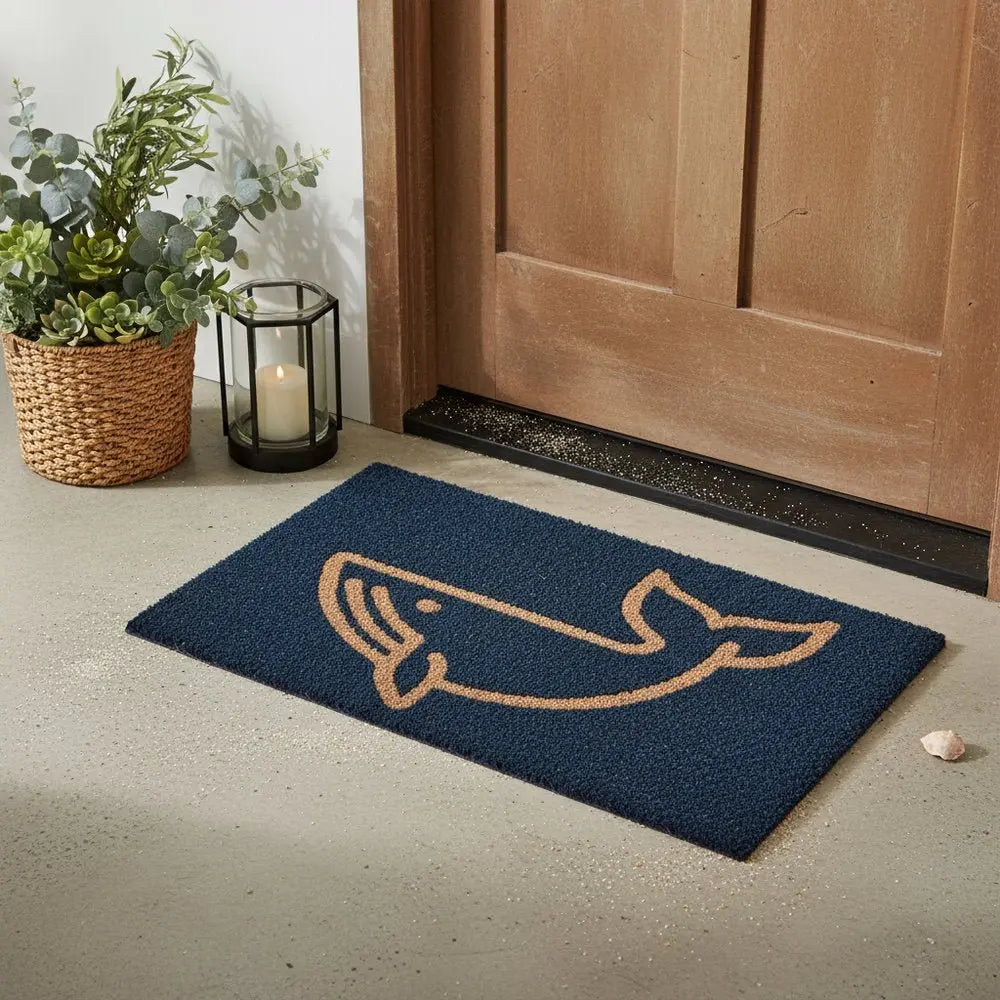 16" X 30" Natural And Navy Blue Whale Indoor Coir Door Mat - NOVA HOME FURNITURE