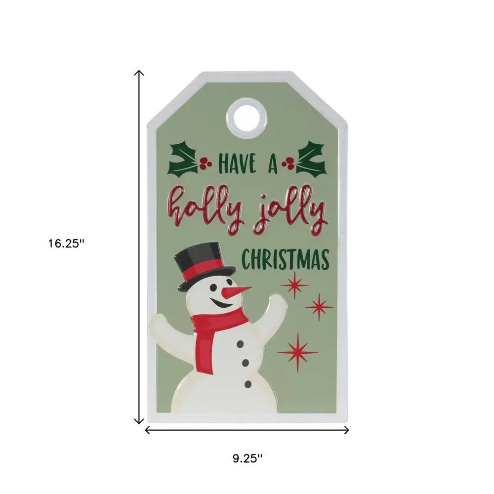 16" X 9" Green And White Metal Christmas Snowman Hanging Wall Decor - NOBLE HOME INTERIORS