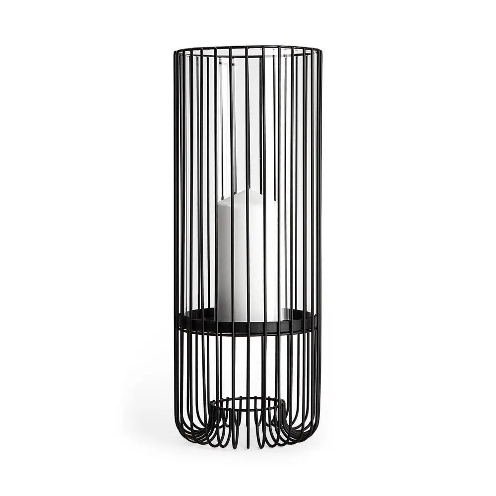 17" Black Abstract Metal And Glass Tabletop Hurricane Candle Holder HomeRoots