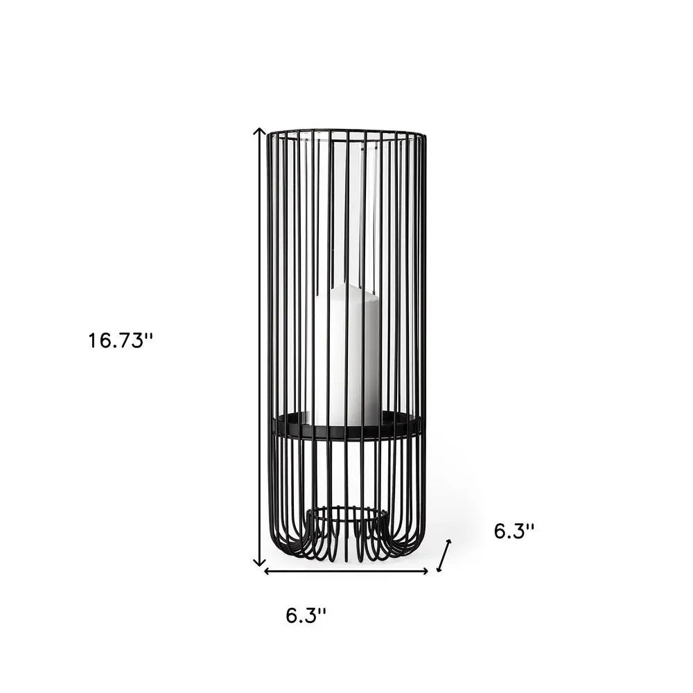 17" Black Abstract Metal And Glass Tabletop Hurricane Candle Holder HomeRoots