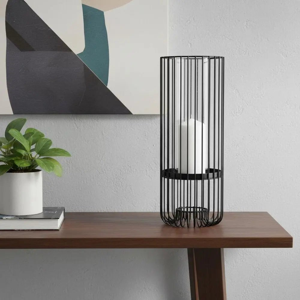 17" Black Abstract Metal And Glass Tabletop Hurricane Candle Holder HomeRoots