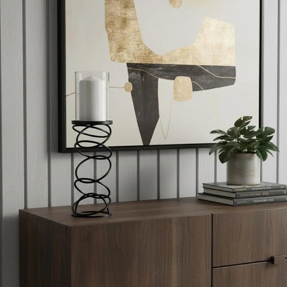 17" Black Geometric Glass And Metal Tabletop Pillar Candle Holder HomeRoots