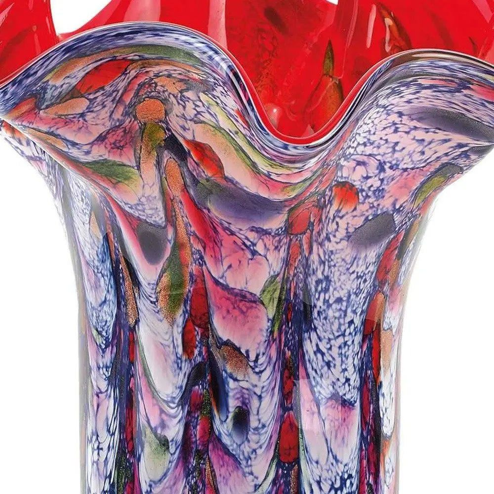 17" Blue Red And White Abstract Wavy Murano Glass Table Vase - NOBLE HOME INTERIORS