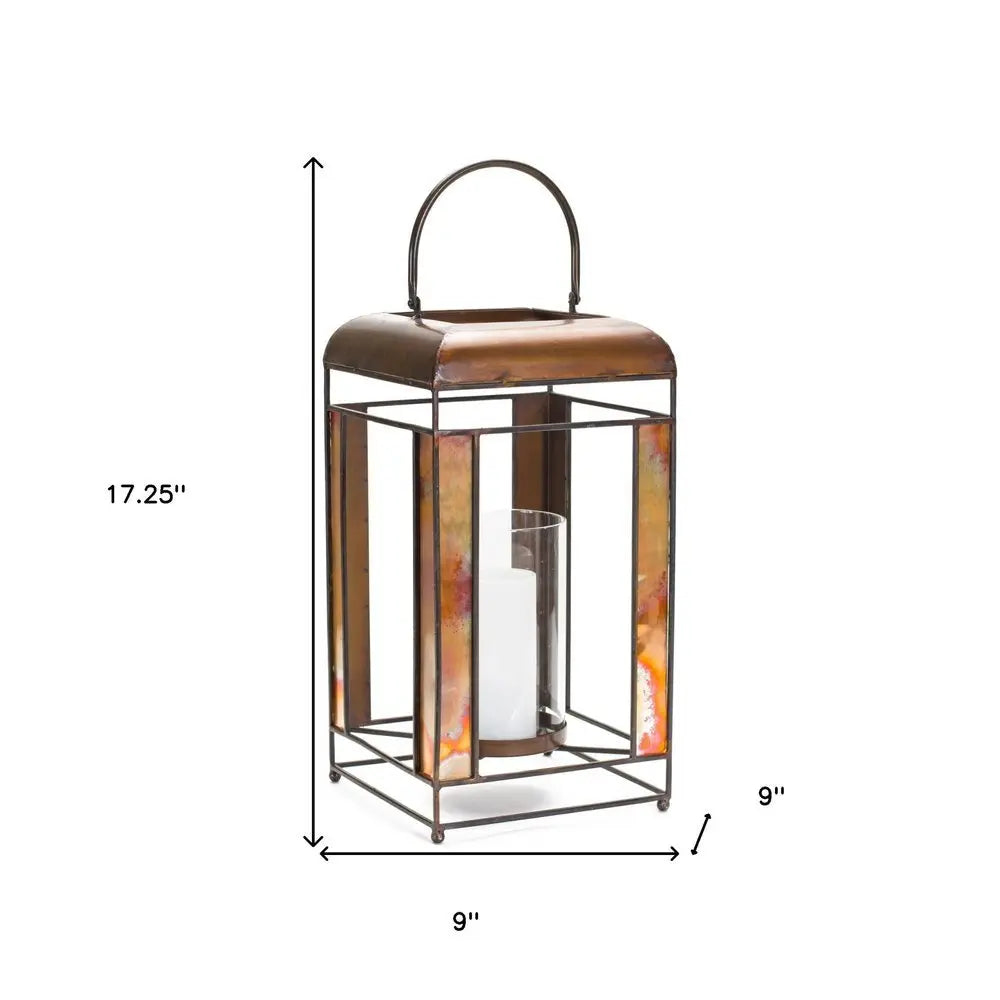 17" Bronze Distressed Geometric Metal And Glass Tabletop Lantern Candle Holder - NOBLE HOME INTERIORS