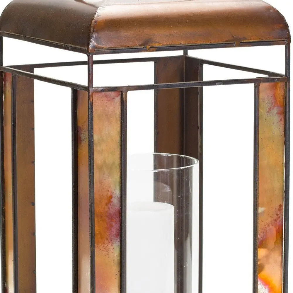 17" Bronze Distressed Geometric Metal And Glass Tabletop Lantern Candle Holder - NOBLE HOME INTERIORS