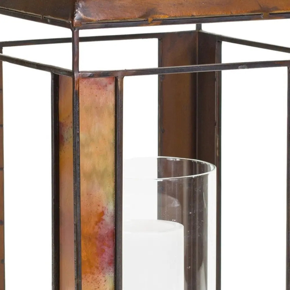 17" Bronze Distressed Geometric Metal And Glass Tabletop Lantern Candle Holder - NOBLE HOME INTERIORS