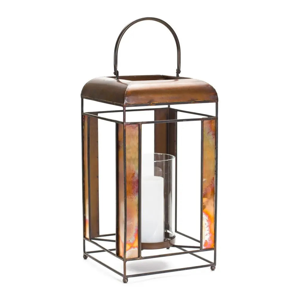 17" Bronze Distressed Geometric Metal And Glass Tabletop Lantern Candle Holder - NOBLE HOME INTERIORS