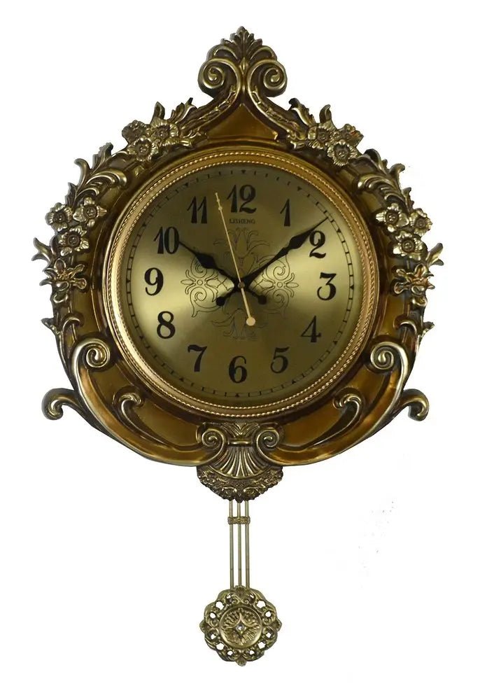 17" Gold And Black Resin Silent Pendulum Ornate Round Wall Clock HomeRoots