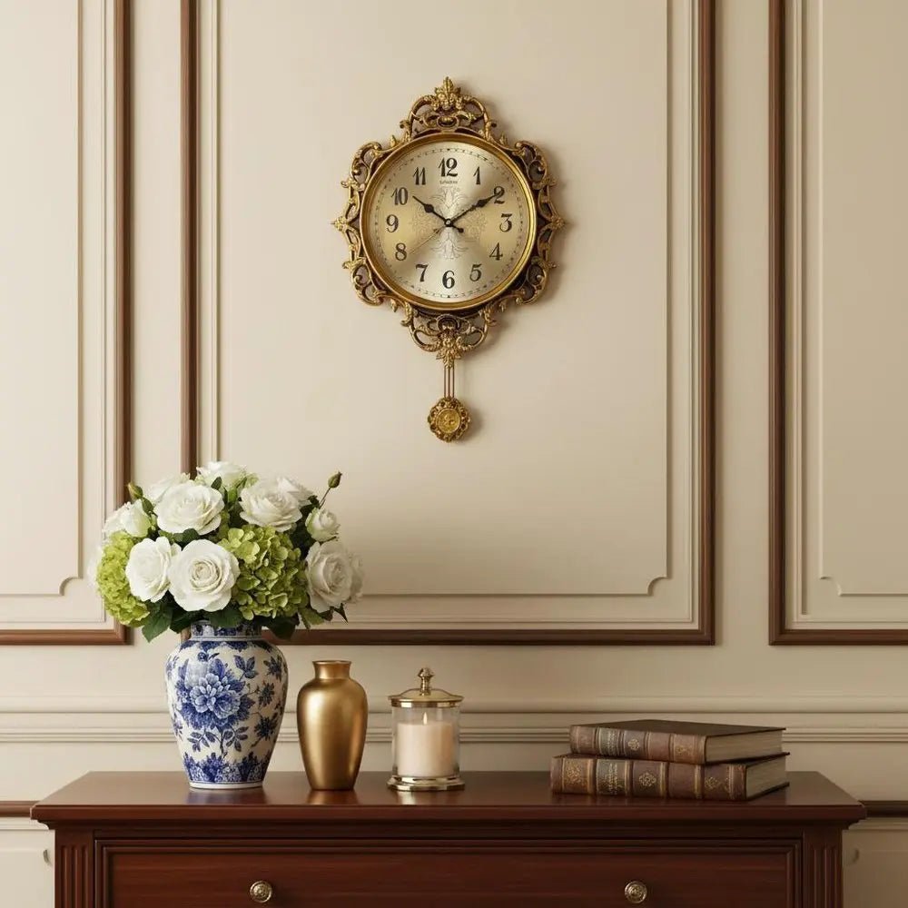 17" Gold And Black Resin Silent Pendulum Ornate Round Wall Clock HomeRoots