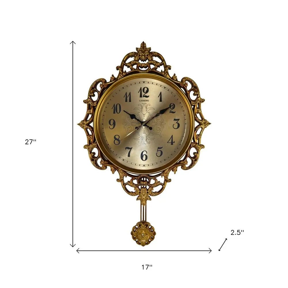 17" Gold And Black Resin Silent Pendulum Ornate Round Wall Clock HomeRoots