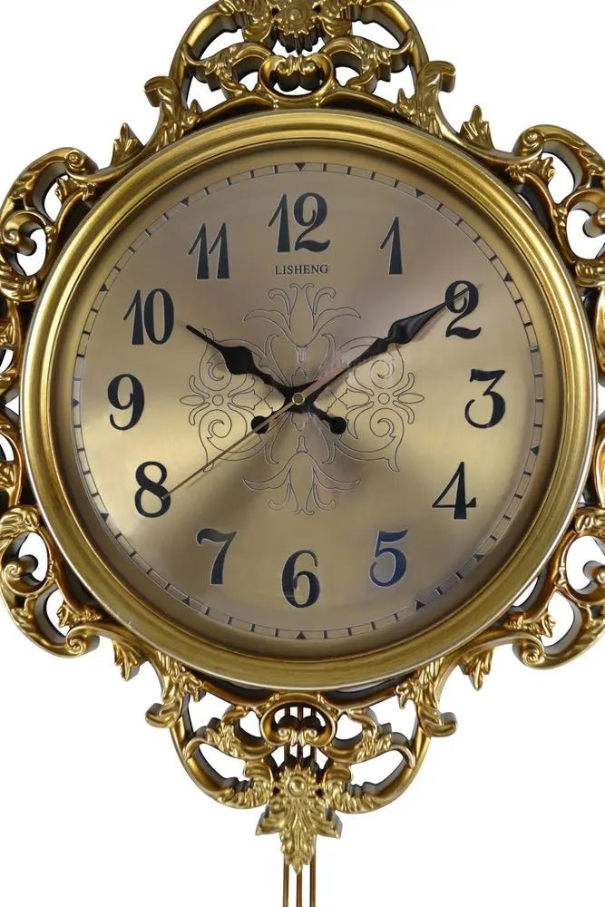 17" Gold And Black Resin Silent Pendulum Ornate Round Wall Clock HomeRoots