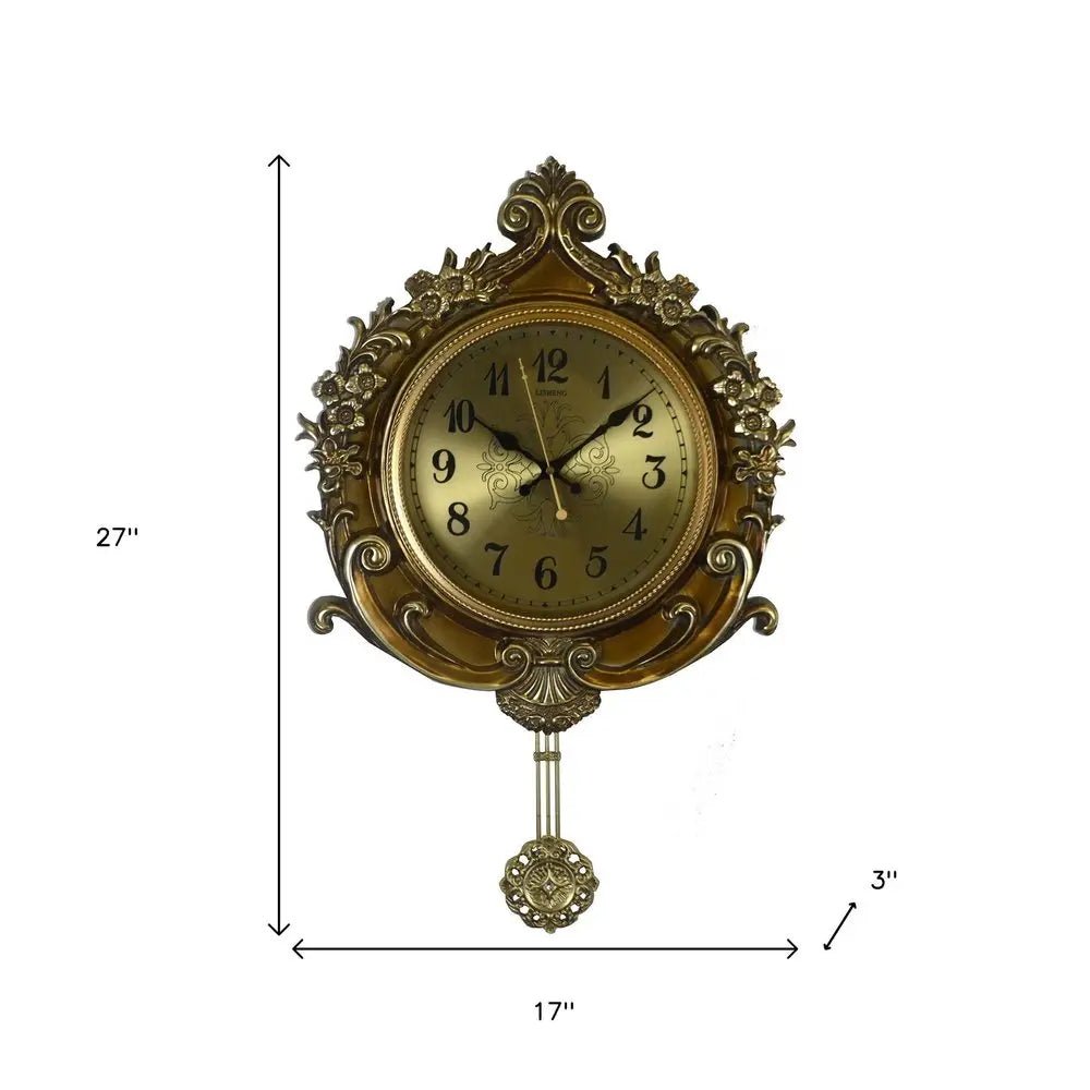 17" Gold And Black Resin Silent Pendulum Ornate Round Wall Clock HomeRoots