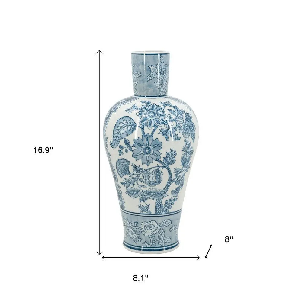 17" Light Blue And White Floral Round Porcelain Table Vase - NOBLE HOME INTERIORS