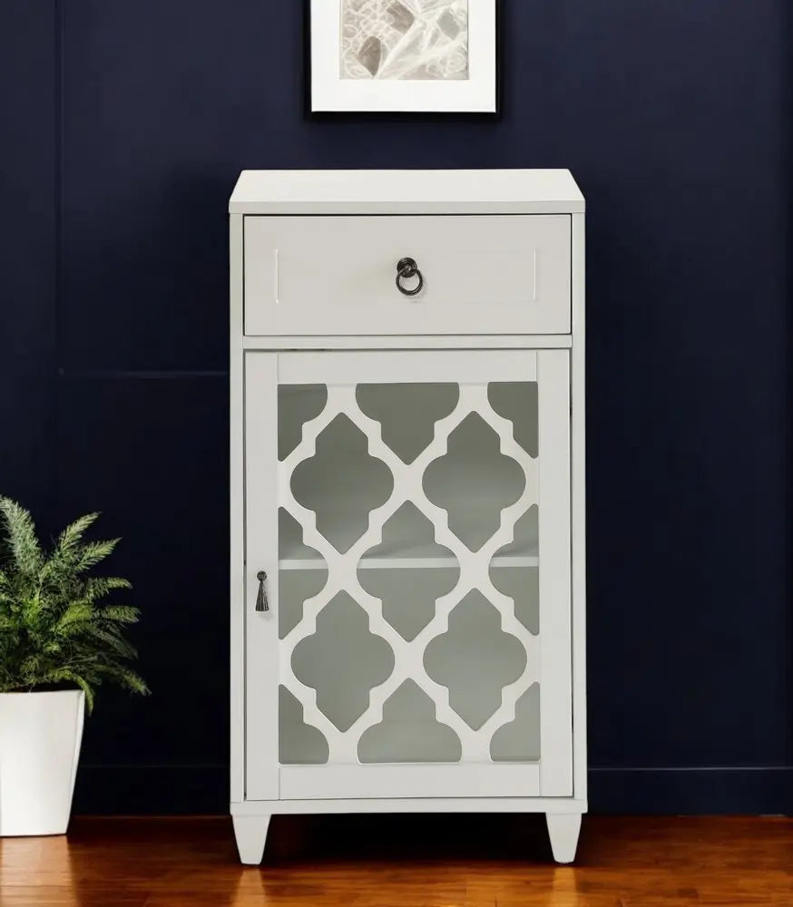 17" White Fret Work Design Glass Door Accent Cabinet - NOVA HOME FURNITURE
