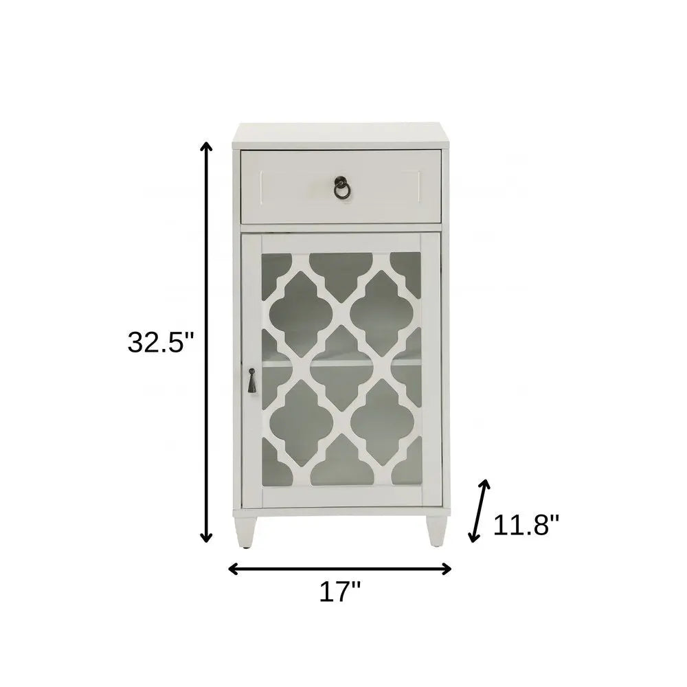 17" White Fret Work Design Glass Door Accent Cabinet - NOVA HOME FURNITURE