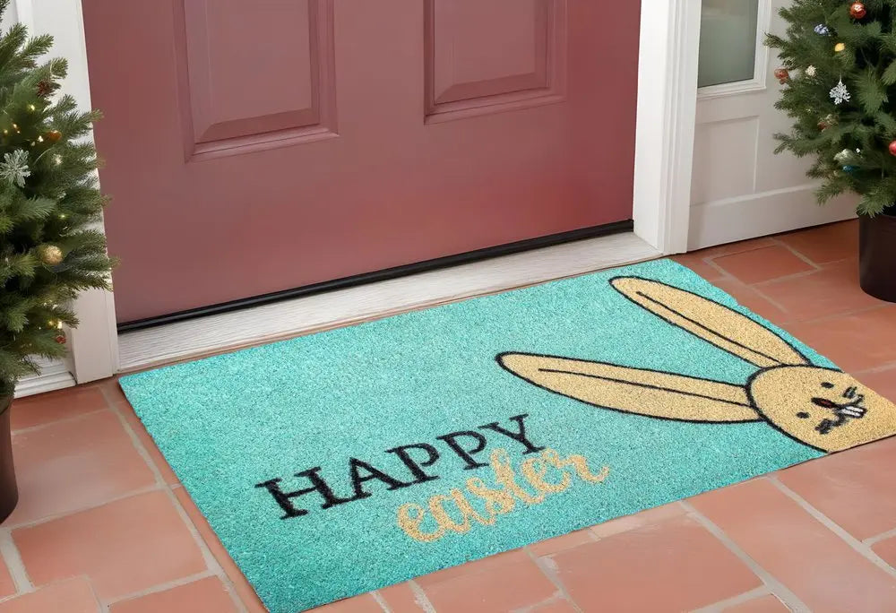 17" X 29" Aqua and Natural Coir Happy Easter Outdoor Easter Door Mat - NOBLE HOME INTERIORS
