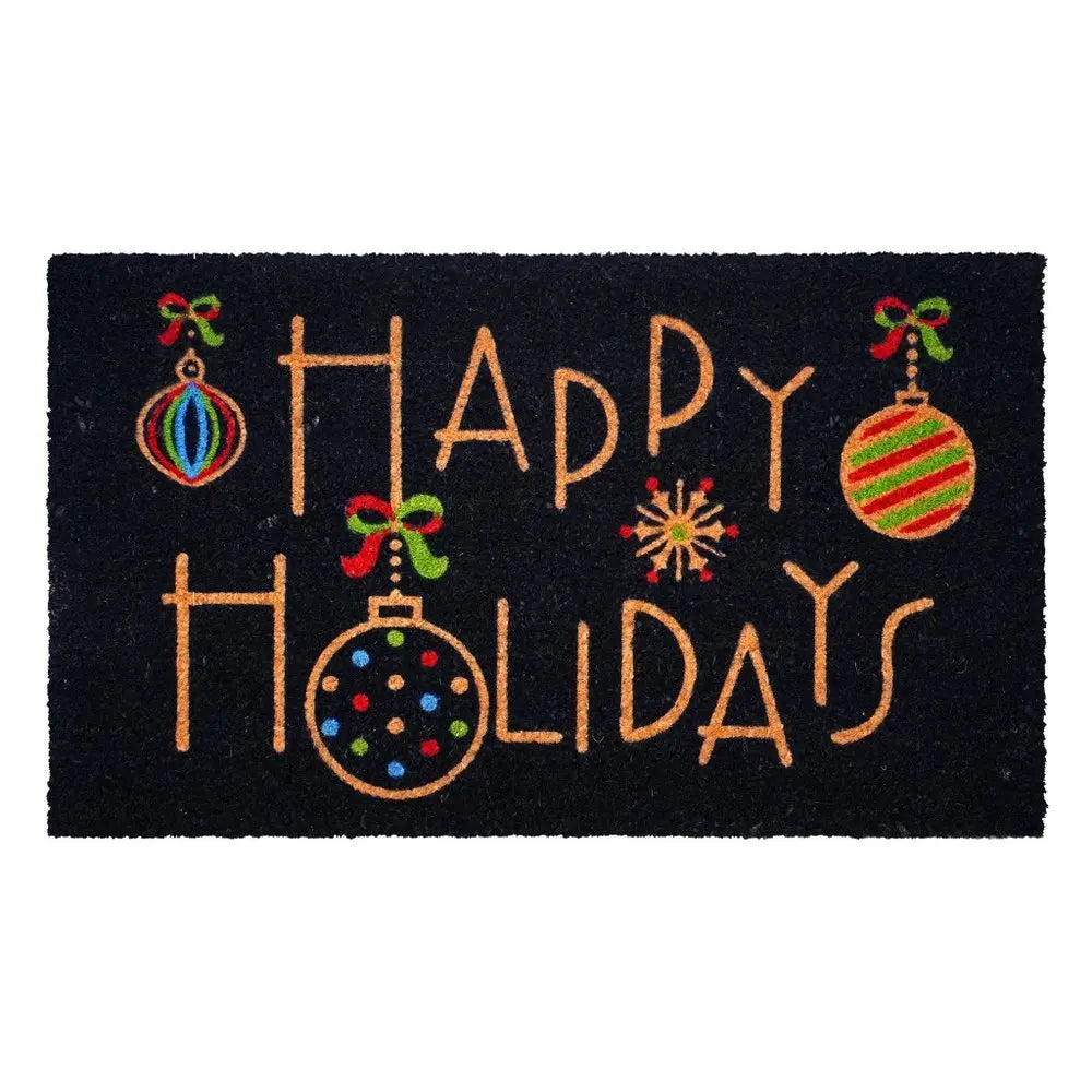 17" X 29" Black And Brown Christmas Happy Holidays Outdoor Coir Door Mat - NOVA HOME FURNITURE