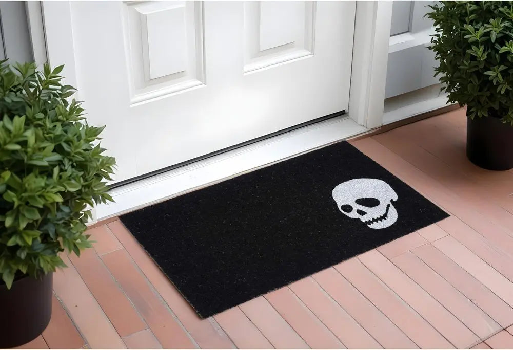 17" X 29" Black and White Coir Skull Outdoor Halloween Door Mat - NOBLE HOME INTERIORS