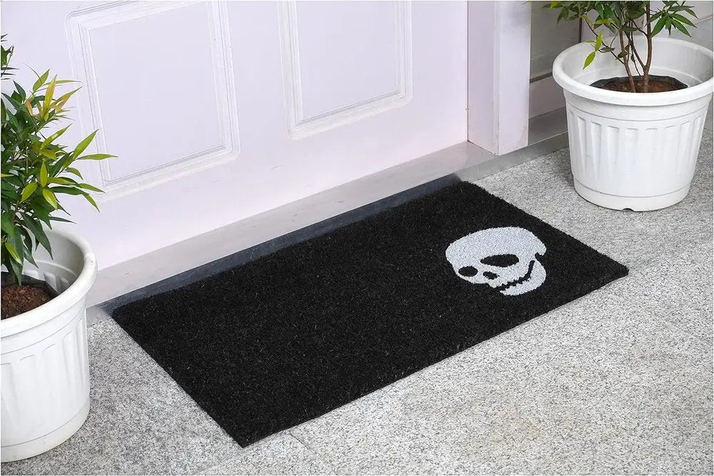17" X 29" Black and White Coir Skull Outdoor Halloween Door Mat - NOBLE HOME INTERIORS