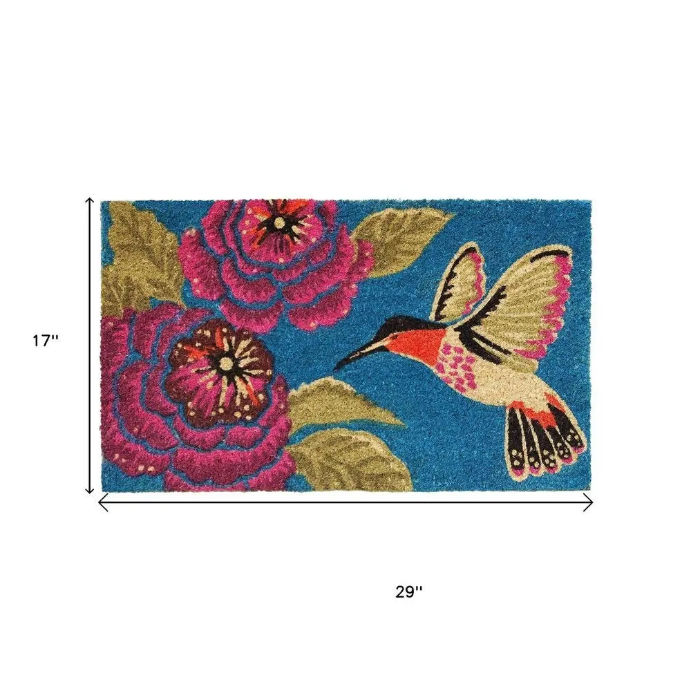 17" X 29" Blue Pink And Green Hummingbird Outdoor Coir Door Mat - NOBLE HOME INTERIORS