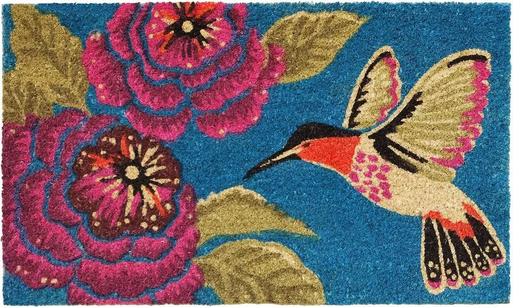 17" X 29" Blue Pink And Green Hummingbird Outdoor Coir Door Mat - NOBLE HOME INTERIORS