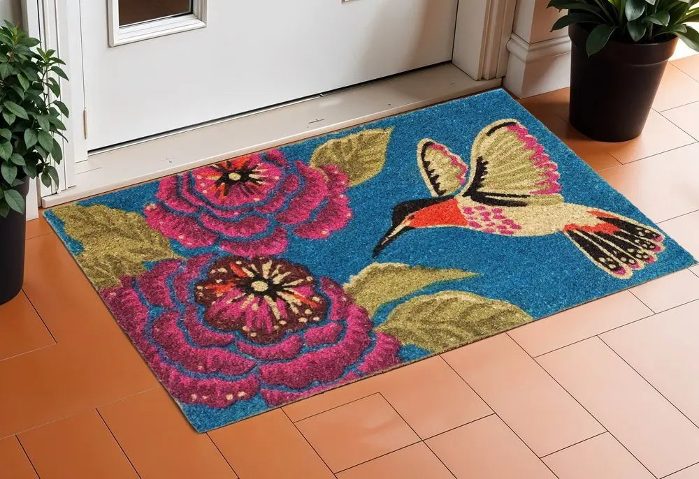 17" X 29" Blue Pink And Green Hummingbird Outdoor Coir Door Mat - NOBLE HOME INTERIORS