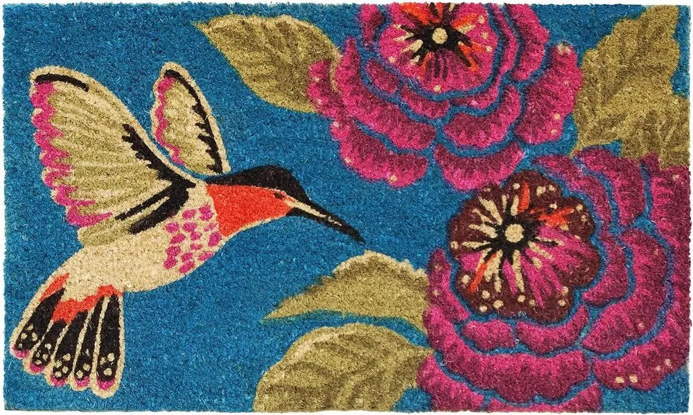 17" X 29" Blue Pink And Green Hummingbird Outdoor Coir Door Mat - NOBLE HOME INTERIORS