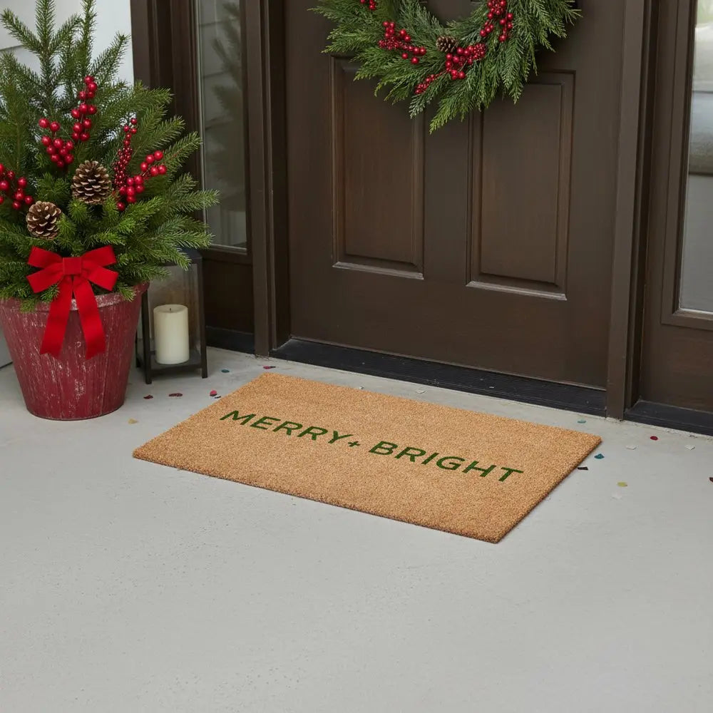 17" X 29" Brown And Black Christmas Merry and Bright Outdoor Coir Door Mat - NOVA HOME FURNITURE