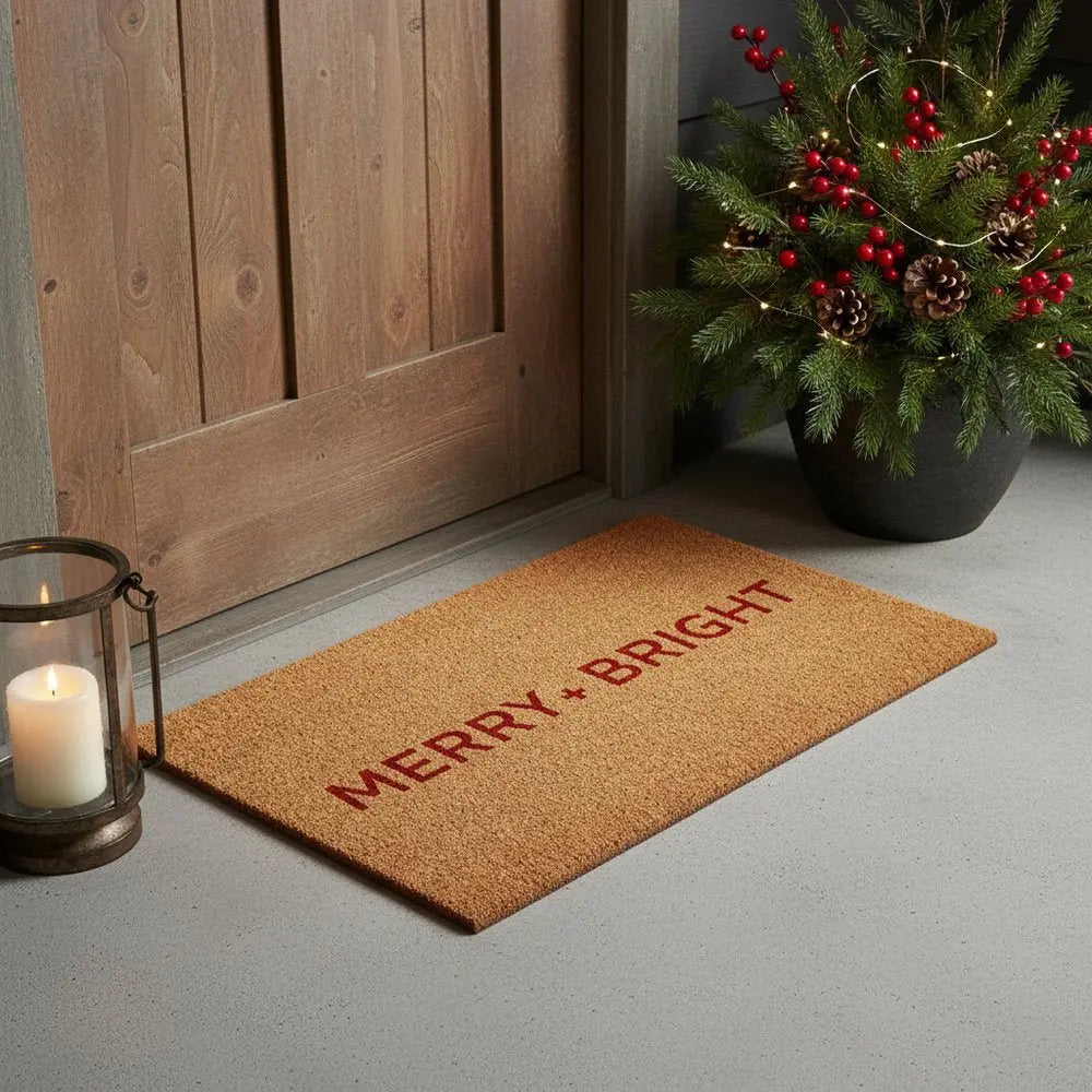 17" X 29" Brown And Black Christmas Merry and Bright Outdoor Coir Door Mat - NOVA HOME FURNITURE