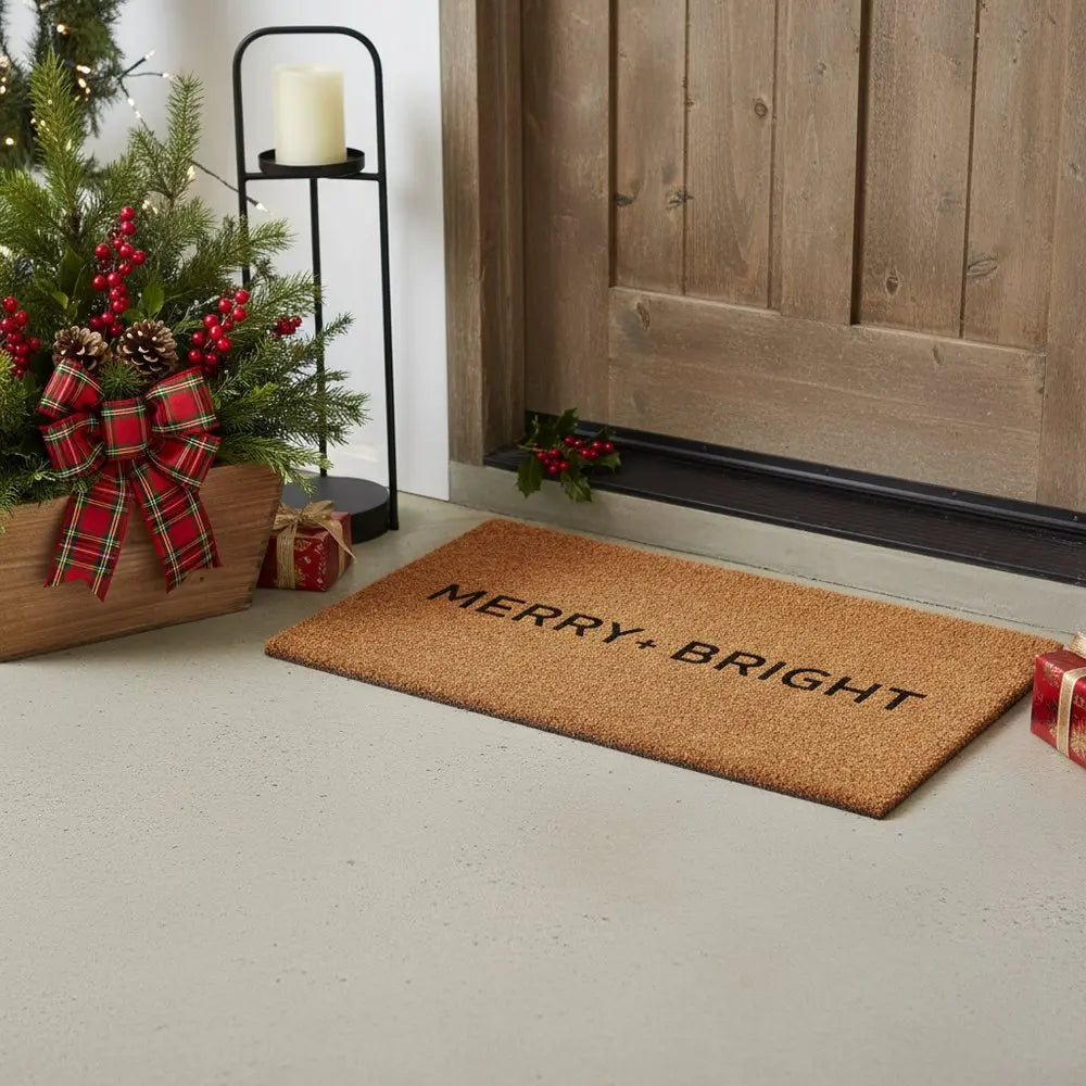 17" X 29" Brown And Black Christmas Merry and Bright Outdoor Coir Door Mat - NOVA HOME FURNITURE