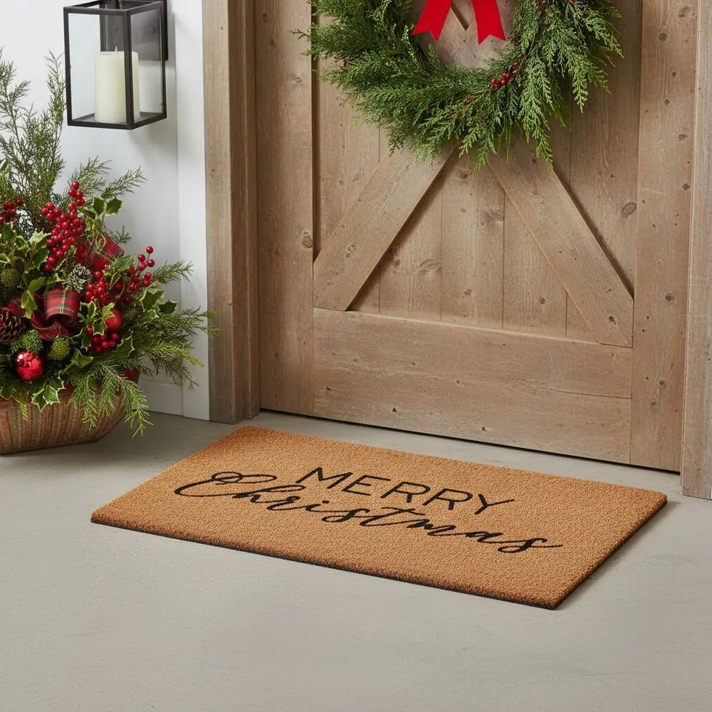 17" X 29" Brown And Black Merry Christmas Outdoor Coir Door Mat - NOVA HOME FURNITURE