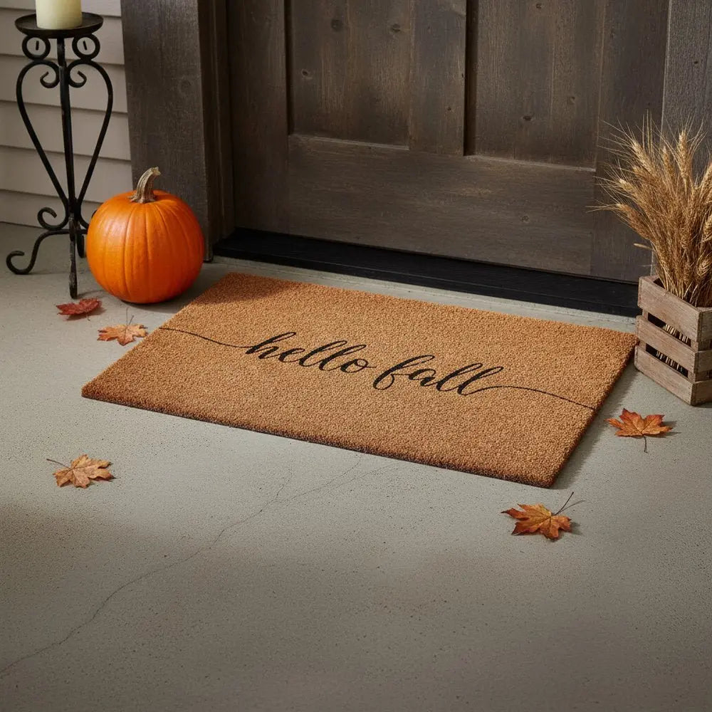 17" X 29" Brown And Natural Fall Hello Fall Outdoor Coir Door Mat - NOBLE HOME INTERIORS