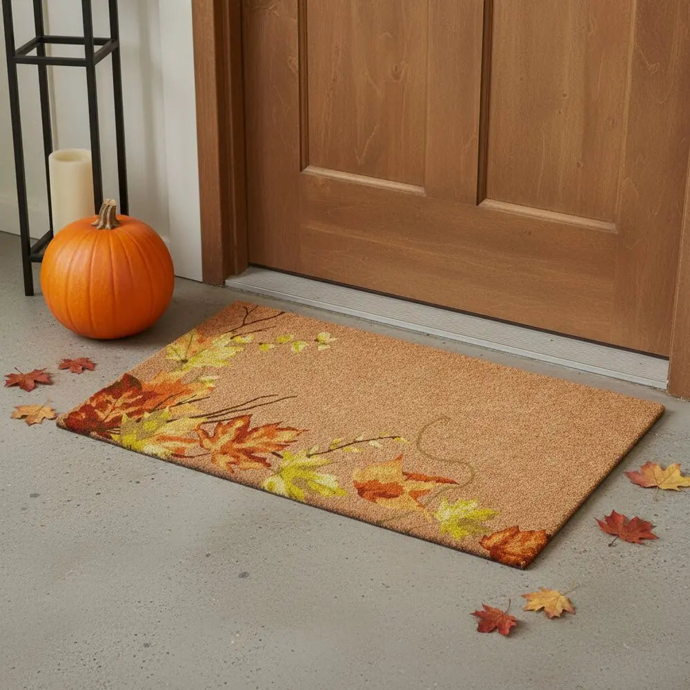 17" X 29" Brown And Natural Fall Leaves Outdoor Coir Door Mat - NOBLE HOME INTERIORS