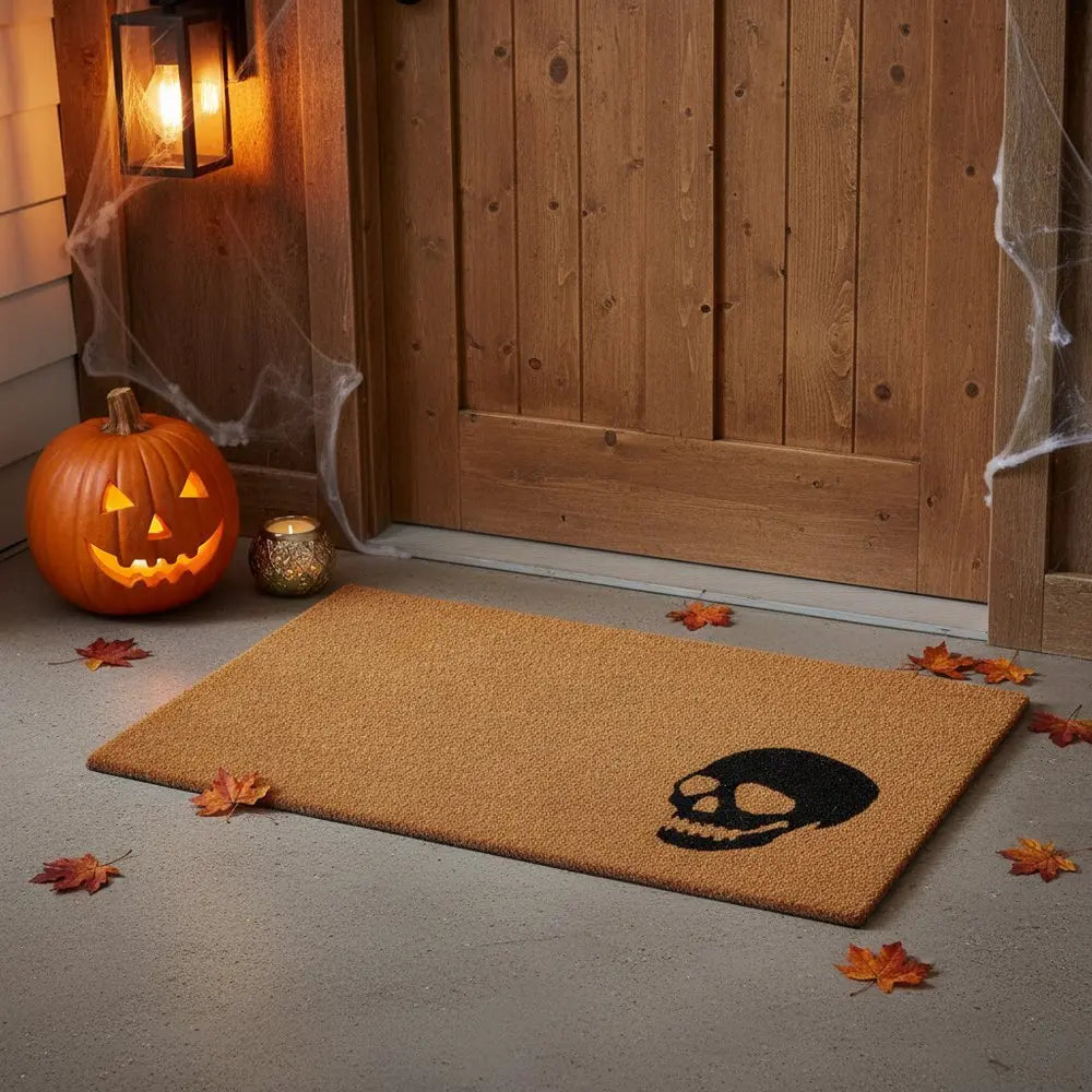 17" X 29" Brown And Natural Halloween Skull Outdoor Coir Door Mat - NOVA HOME FURNITURE