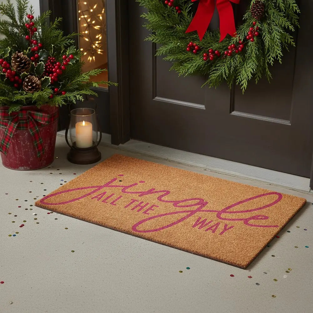 17" X 29" Brown And Pink Christmas Outdoor Coir Door Mat - NOVA HOME FURNITURE
