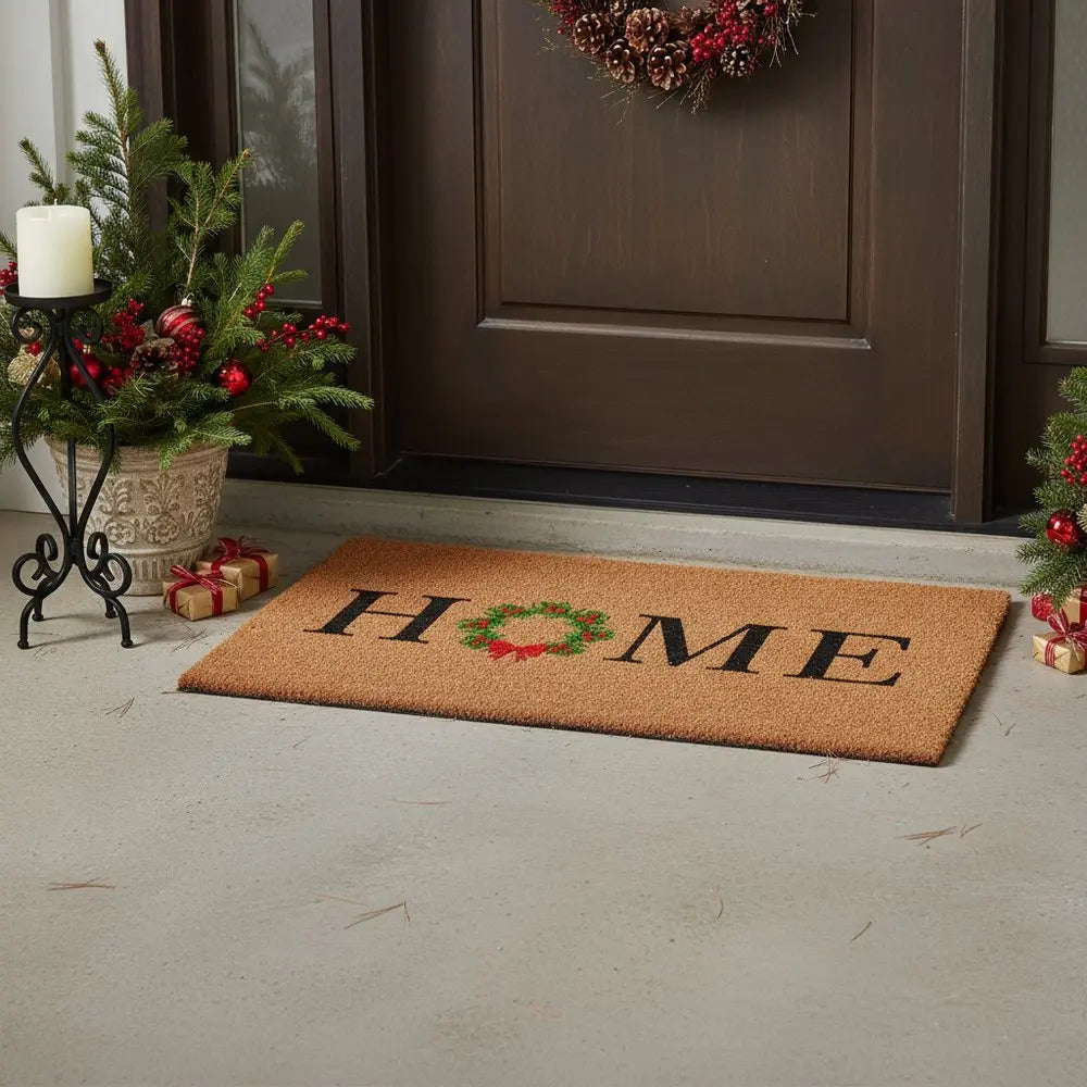 17" X 29" Brown Black And Green Christmas Outdoor Coir Door Mat - NOVA HOME FURNITURE