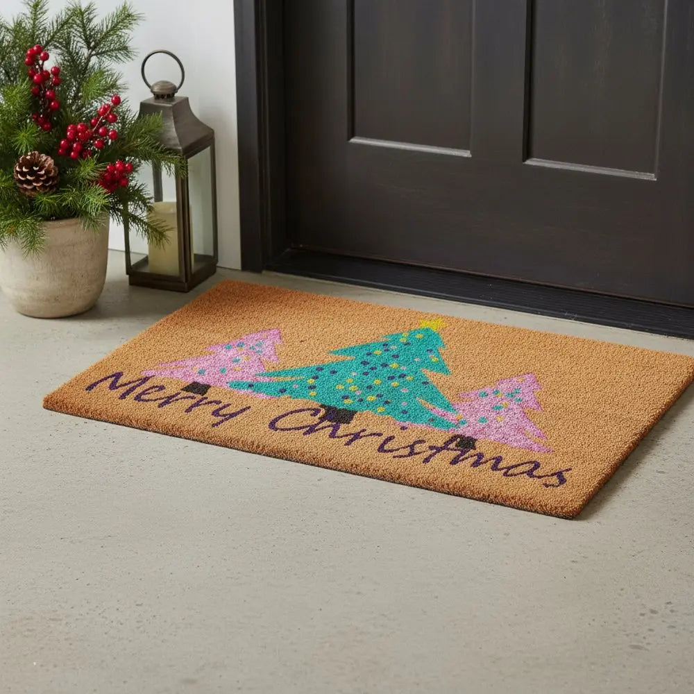 17" X 29" Brown Green And Pink Christmas Trees Merry Christmas Outdoor Coir Door Mat - NOVA HOME FURNITURE
