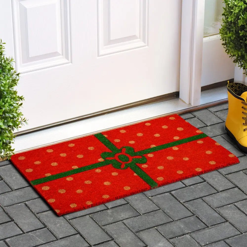 17" X 29" Brown Green And Red Christmas Outdoor Coir Door Mat - NOBLE HOME INTERIORS