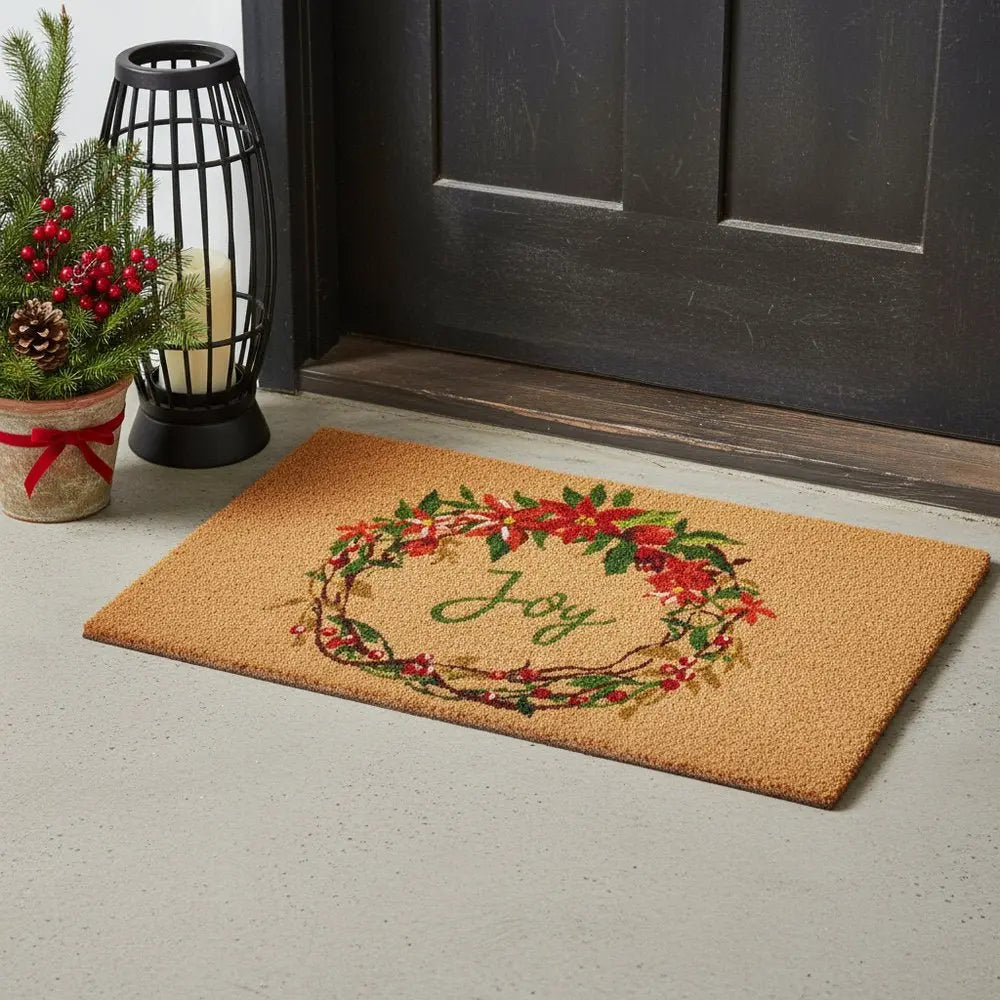 17" X 29" Brown Red And Green Christmas Outdoor Coir Door Mat - NOVA HOME FURNITURE