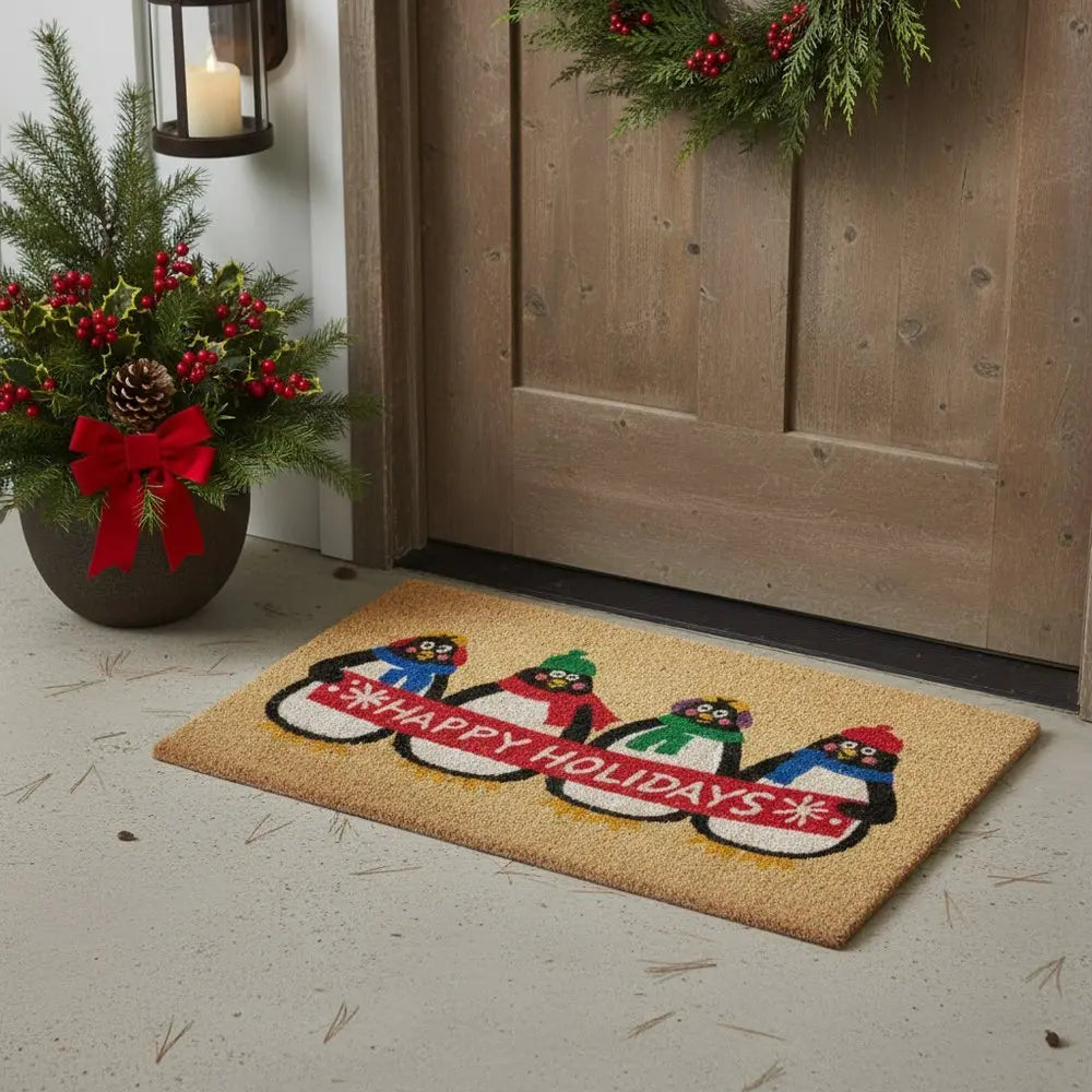 17" X 29" Brown White And Red Christmas Happy Holidays Outdoor Coir Door Mat - NOVA HOME FURNITURE