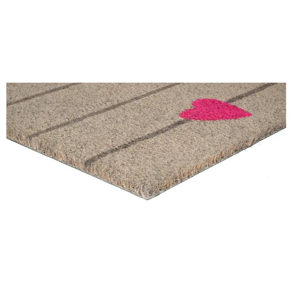 17" X 29" Gray and Pink Coir Heart and Stripe Outdoor Door Mat - NOBLE HOME INTERIORS
