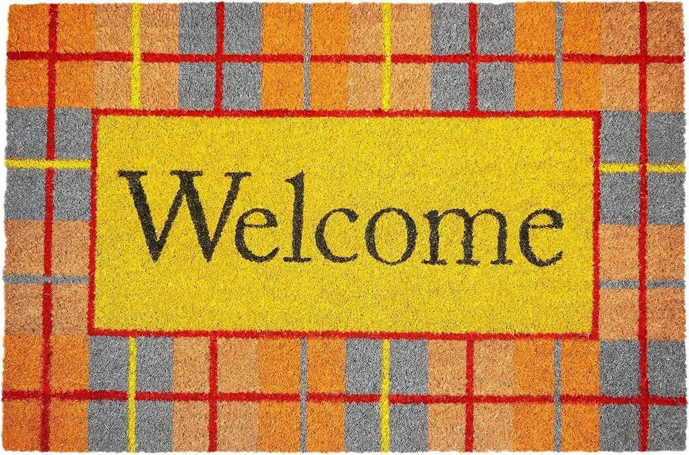 17" X 29" Gray Natural Orange And Yellow Fall Plaid Welcome Outdoor Coir Door Mat - NOVA HOME FURNITURE