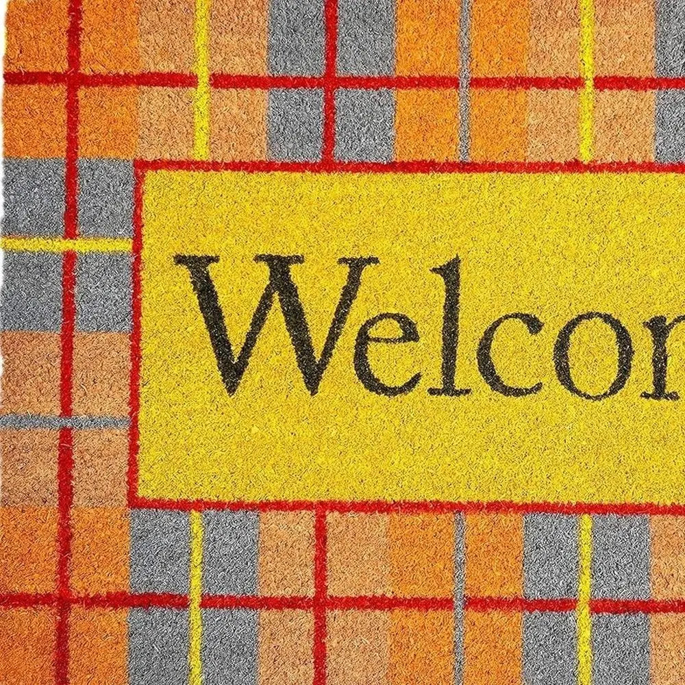 17" X 29" Gray Natural Orange And Yellow Fall Plaid Welcome Outdoor Coir Door Mat - NOVA HOME FURNITURE