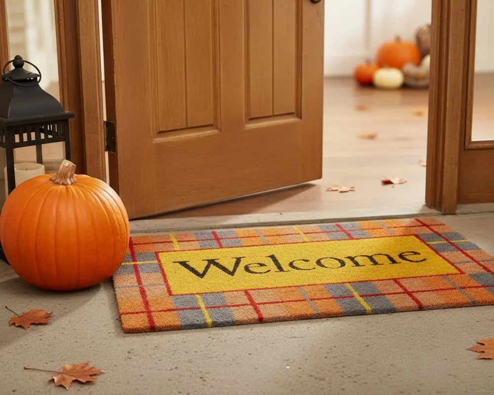 17" X 29" Gray Natural Orange And Yellow Fall Plaid Welcome Outdoor Coir Door Mat - NOVA HOME FURNITURE
