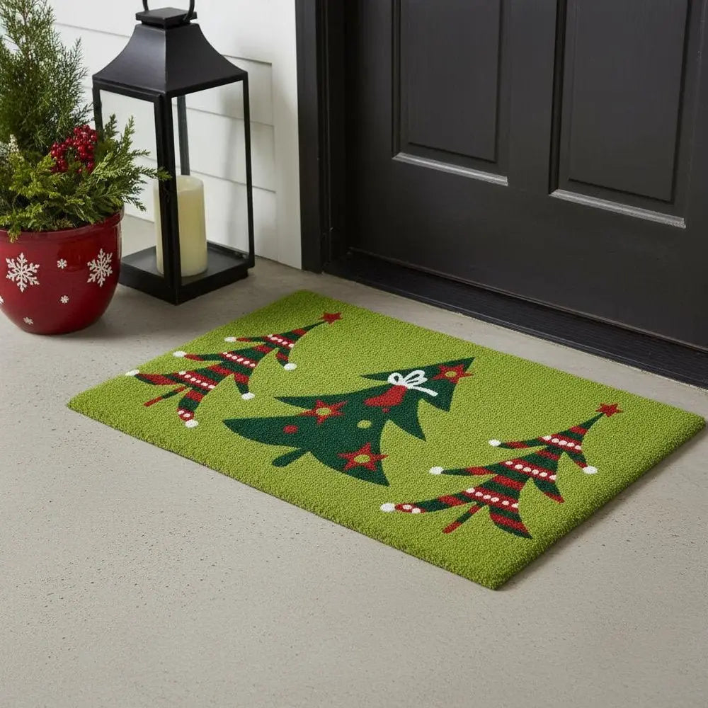 17" X 29" Green And Red Christmas Trees Outdoor Coir Door Mat - NOBLE HOME INTERIORS