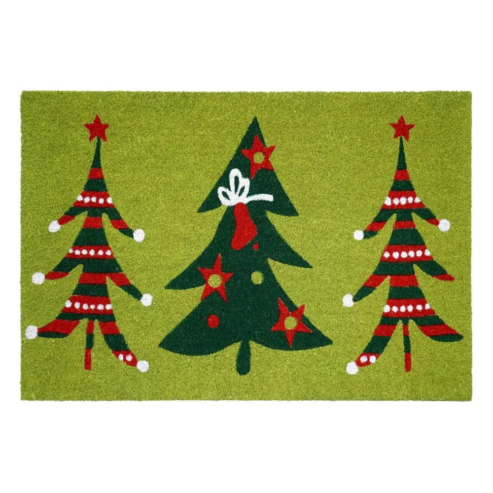 17" X 29" Green And Red Christmas Trees Outdoor Coir Door Mat - NOBLE HOME INTERIORS