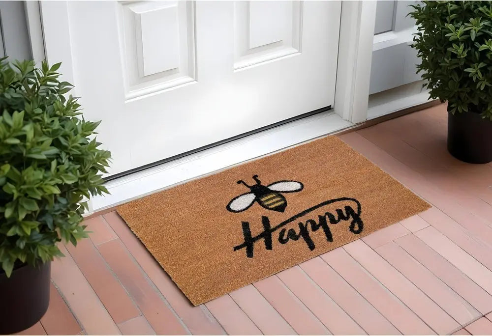 17" X 29" Natural and Black Coir Bumblee Bee Happy Outdoor Door Mat - NOBLE HOME INTERIORS