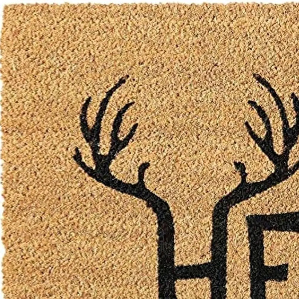 17" X 29" Natural And Black Hello With Antlers Coir Outdoor Door Mat - NOBLE HOME INTERIORS